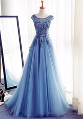 Elegant Illusion Sleeveless Lace Appliques A-line Lace-up Prom Party Gowns